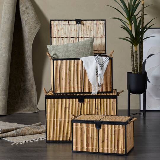 Light Brown Rattan Handmade Nesting Trunk Set of 3 25", 21", 18"
